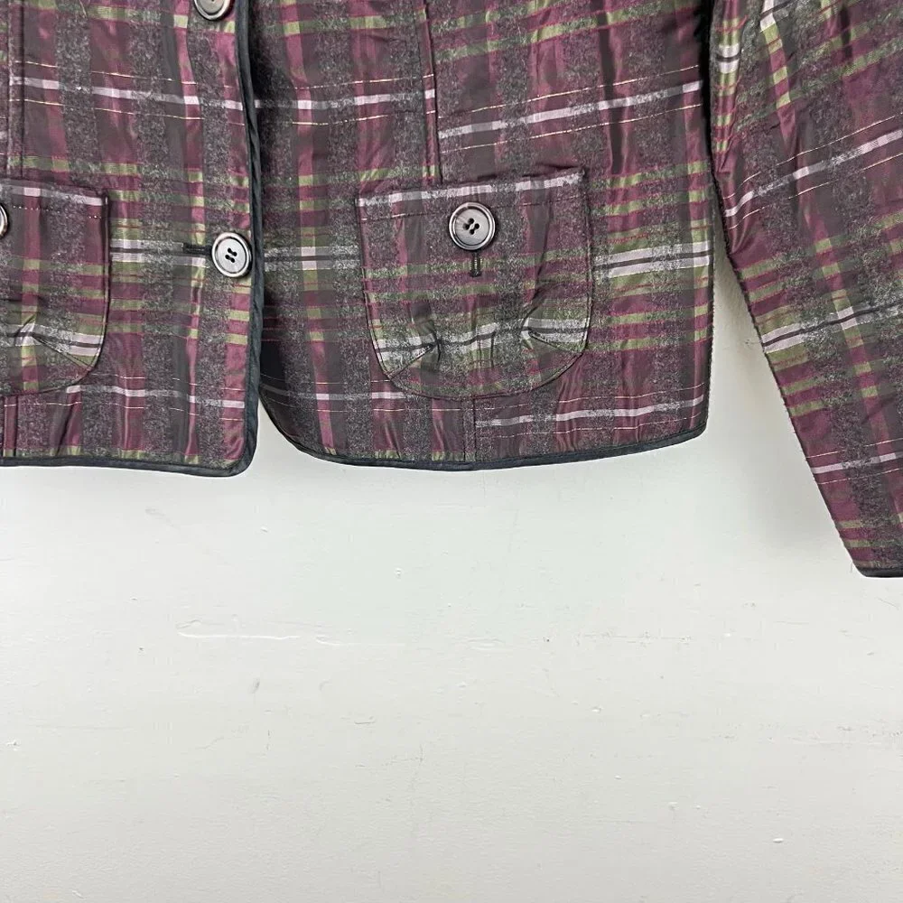 CHICOS sz 0 (S) Reversible‎ Solid Gray Burgundy Plaid Faux Fur Collar Jacket
